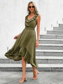 EURMUSE Damen einfarbiges minimalistisches ärmelloses Lässig Kleid - Armeegrün - Übersicht 3