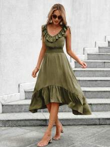 EURMUSE Damen einfarbiges minimalistisches ärmelloses Lässig Kleid - Armeegrün - Übersicht 5
