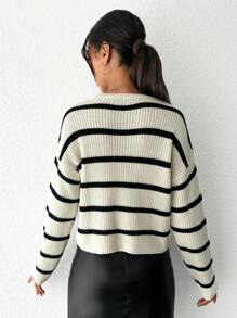 EURMUSE Pull À Rayures Épaule tombante - Beige - Voir 2