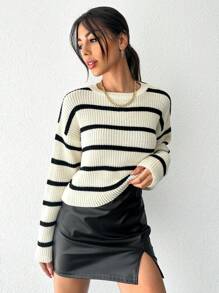 EURMUSE Pull À Rayures Épaule tombante - Beige - Voir 3