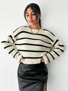 EURMUSE Pull À Rayures Épaule tombante - Beige - Voir 4