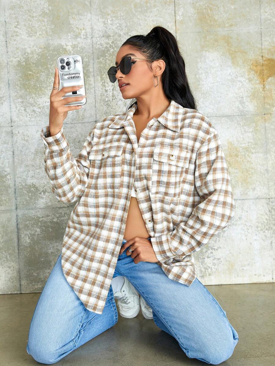 SHEIN Unity 格紋印花落肩袖翻蓋口袋前紐扣外套 - 彩色 - 查看 1