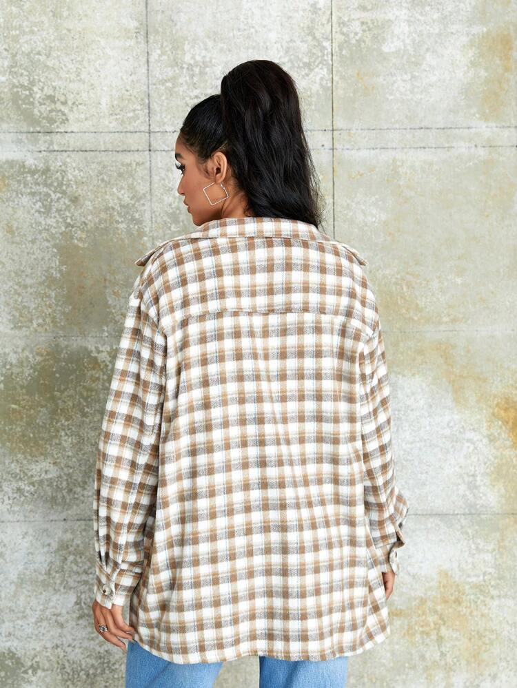 Plaid Print Drop Shoulder Flap Pocket Button Front Coat