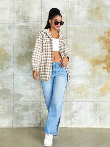 SHEIN Unity 格紋印花落肩袖翻蓋口袋前紐扣外套 - 彩色 - 查看 4