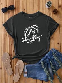 SHEIN LUNE Đồ họa Chữ cái Áo thun - Màu xám đen - Xem 1