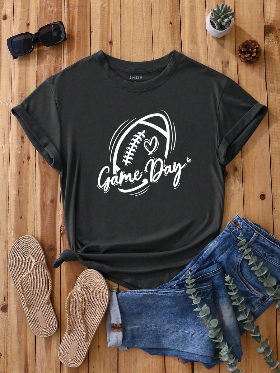 SHEIN LUNE Đồ họa Chữ cái Áo thun - Màu xám đen - Xem 1