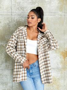 SHEIN Unity 格紋印花落肩袖翻蓋口袋前紐扣外套 - 彩色 - 查看 5