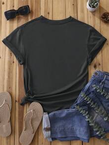 SHEIN LUNE Đồ họa Chữ cái Áo thun - Màu xám đen - Xem 2