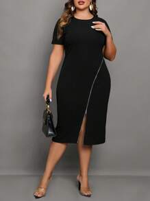 Chikora Plus Zip Front Bodycon Dress - Black - View 3