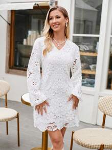GENKIRA Guipure Lace Overlay Dress - White - View 4