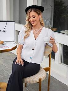 GENKIRA Ống tay áo Nút phía trước Áo sơ mi - trắng - Xem 3