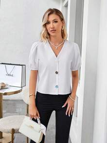 GENKIRA Ống tay áo Nút phía trước Áo sơ mi - trắng - Xem 5