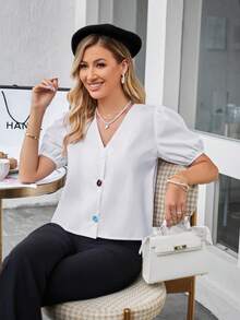 GENKIRA Ống tay áo Nút phía trước Áo sơ mi - trắng - Xem 7