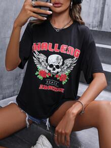 SHEIN Unity Skull & Letter Graphic Drop Shoulder Tee - Black - View 5