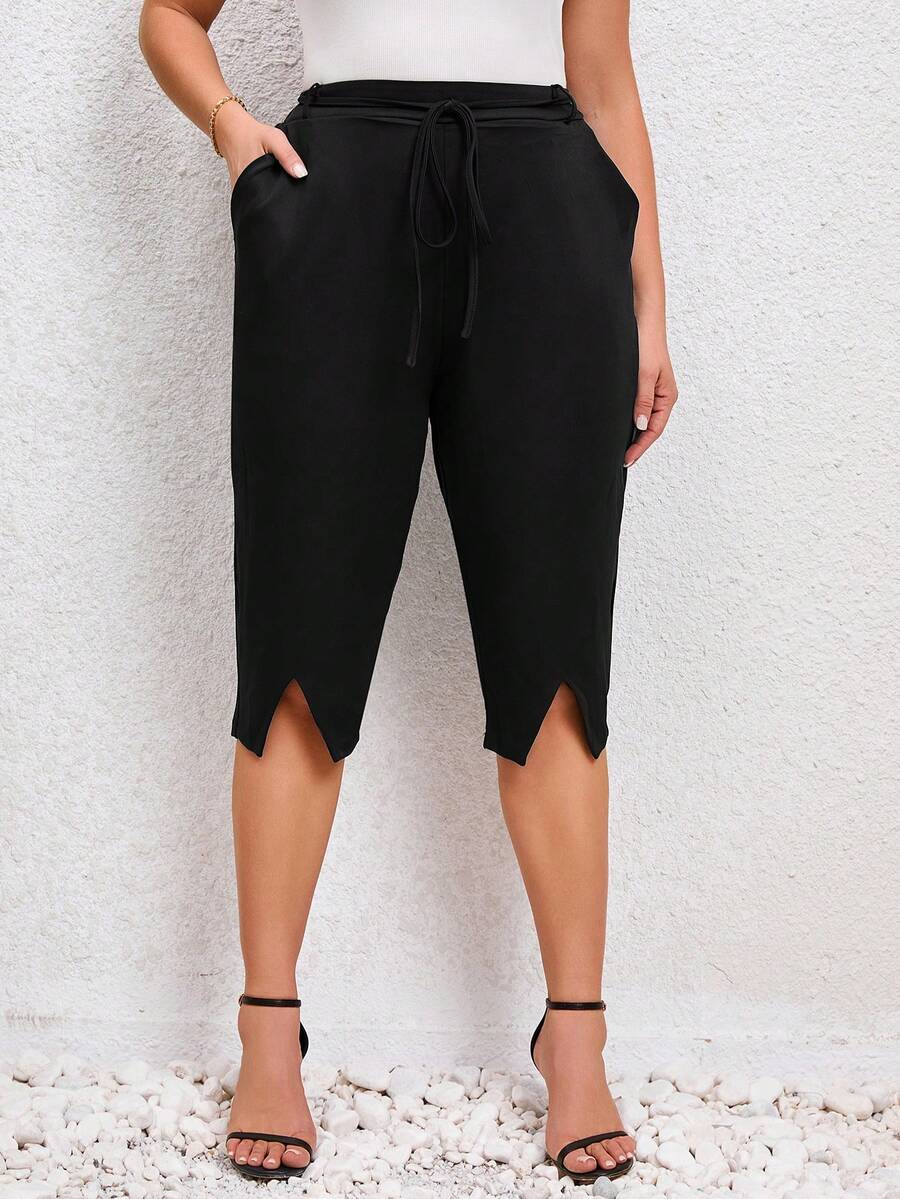 SHEIN Clasi 大碼腰帶不對稱下擺長褲 - 黑色 - 查看 1