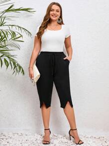 SHEIN Clasi 大碼腰帶不對稱下擺長褲 - 黑色 - 查看 3