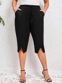 SHEIN Clasi 大碼腰帶不對稱下擺長褲 - 黑色 - 查看 4