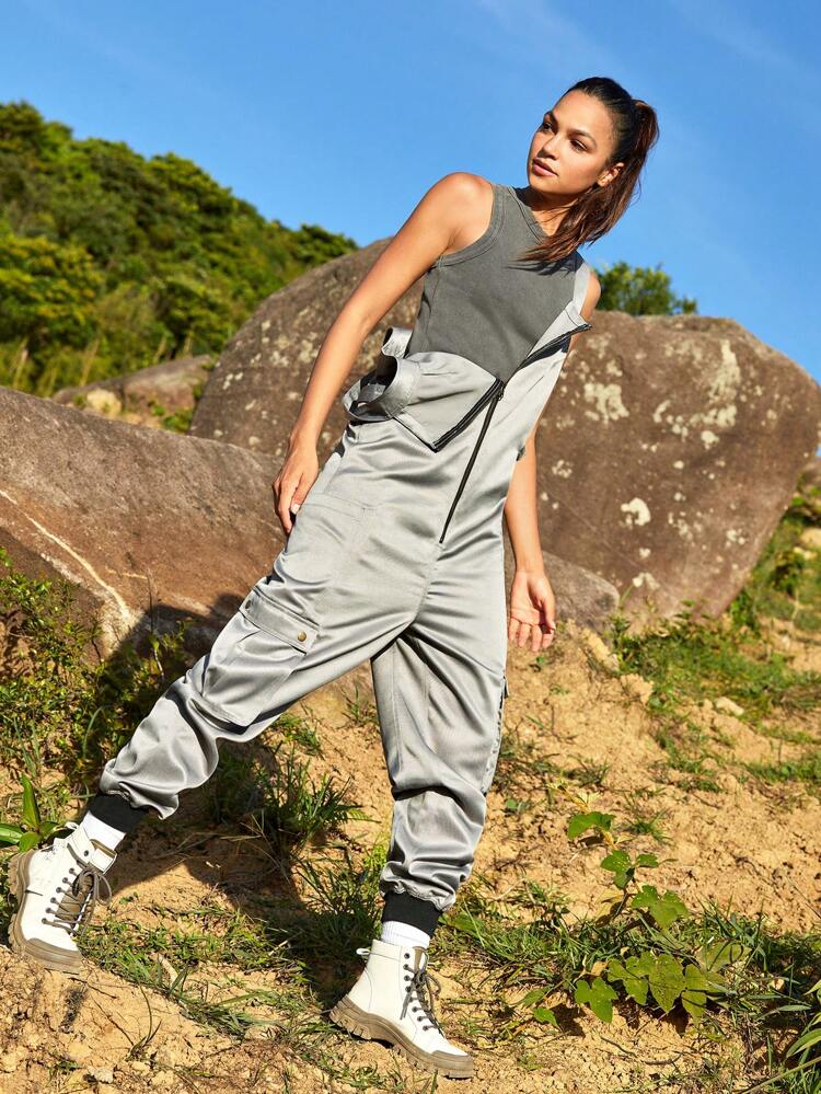 Women's Outdoor Zipper Design Adjustable Waist And Elastic Cuff Loose Fit Jumpsuit