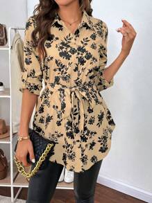 SHEIN Clasi Floral Print Belted Shirt - Multicolor - View 1
