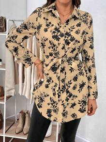SHEIN Clasi Floral Print Belted Shirt - Multicolor - View 3