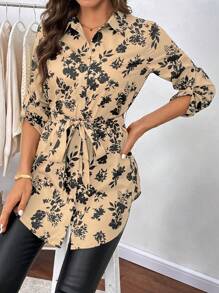 SHEIN Clasi Floral Print Belted Shirt - Multicolor - View 4