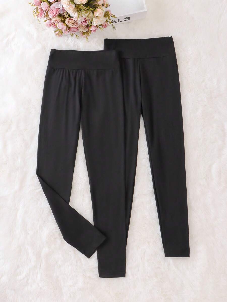 SHEIN Cô gái Tween 2 Miếng Chất rắn Thắt lưng băng rộng Xà cạp - màu đen - Xem 1