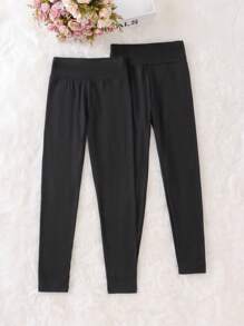 SHEIN Cô gái Tween 2 Miếng Chất rắn Thắt lưng băng rộng Xà cạp - màu đen - Xem 2