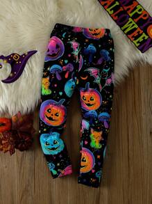 SHEIN Young Girl Halloween Print Leggings, For Halloween Party