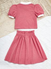 SHEIN 休閒鈕扣 拼接領撞色女童（大）兩件套