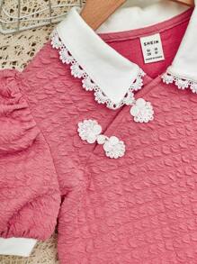 SHEIN 休閒鈕扣 拼接領撞色女童（大）兩件套