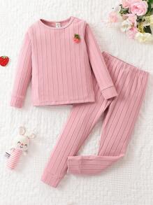 Conjunto De Pijama Acanalado Y Ajustado De Punto Para Niña Joven - Rosa - Ver 1