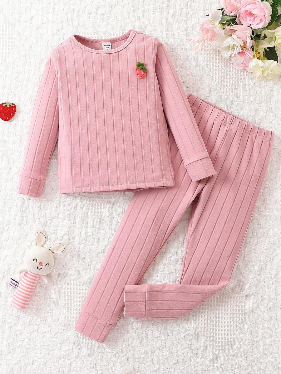 Conjunto De Pijama Acanalado Y Ajustado De Punto Para Niña Joven - Rosa - Ver 1
