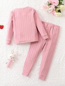 Conjunto De Pijama Acanalado Y Ajustado De Punto Para Niña Joven - Rosa - Ver 2