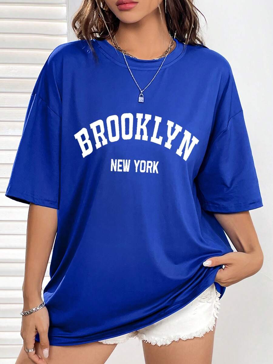 INAWLY Letter Graphic Drop Shoulder Tee Graphic Tees Women Tops - Royal Blue - View 1