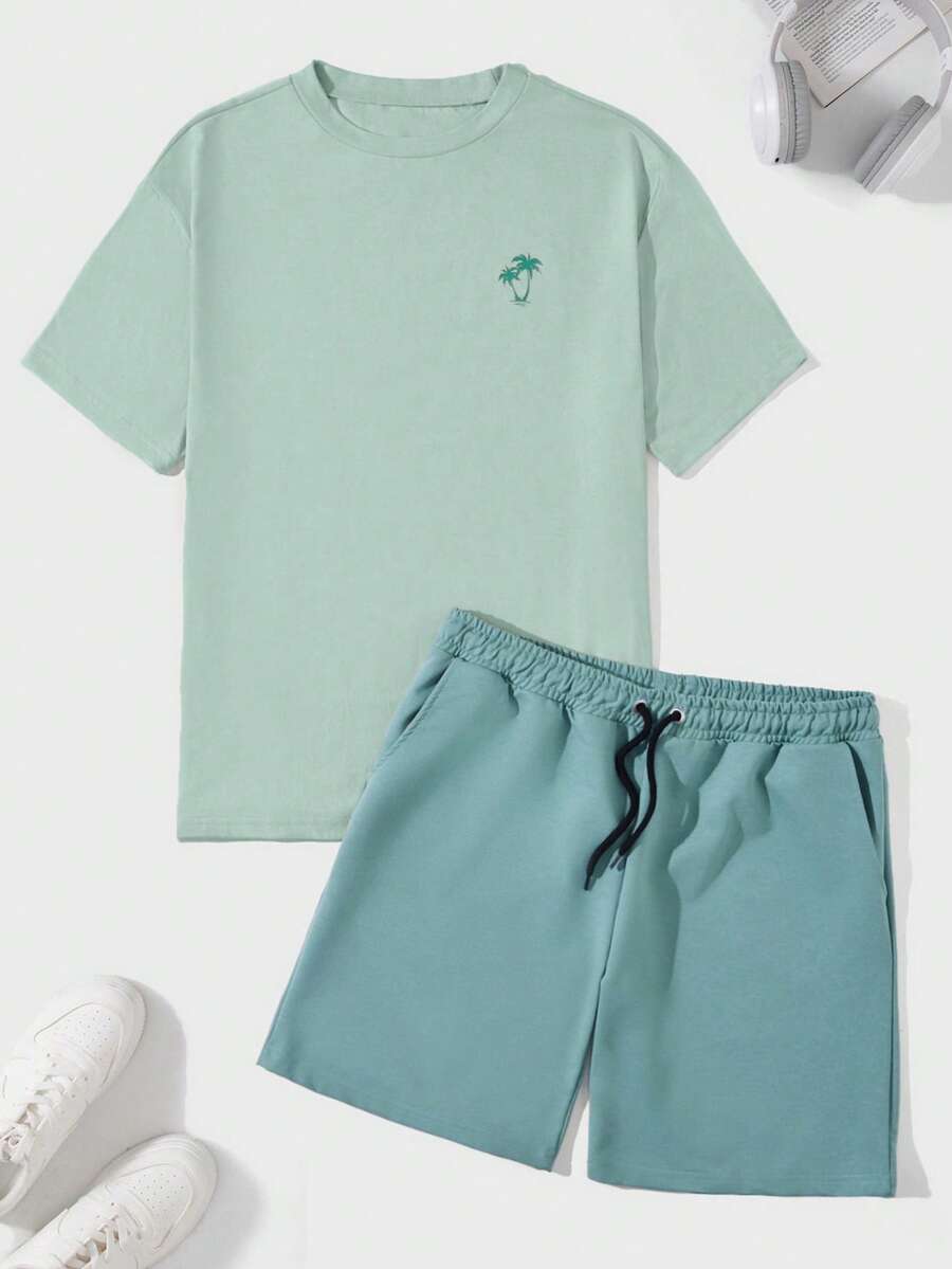 RueChic Nam Bản in nhiệt đới Áo thun & Eo dây rút Quần short - màu xanh lá - Xem 1