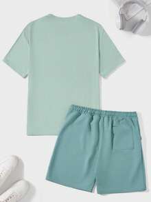 RueChic Nam Bản in nhiệt đới Áo thun & Eo dây rút Quần short - màu xanh lá - Xem 2