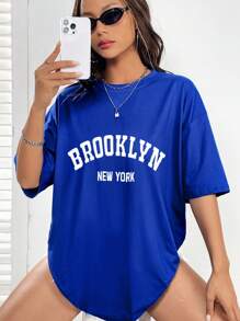 INAWLY Letter Graphic Drop Shoulder Tee Graphic Tees Women Tops - Royal Blue - View 6