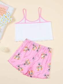 女大童卡通圖案木耳邊吊帶背心和短褲睡衣套裝 - 彩色 - 查看 2