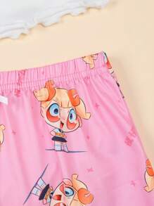 女大童卡通圖案木耳邊吊帶背心和短褲睡衣套裝 - 彩色 - 查看 5
