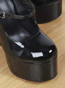 Ladies' Minimalist Thick Soled & Stiletto Heel Mary Jane High Heels - Black - View 4