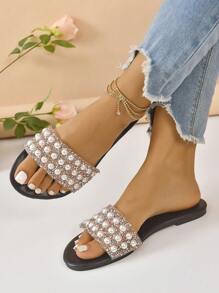 In de mode & Comfortabel Vrouwen Platte sandalen Met Strass & Imitatieparel Decoraties