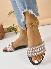 In de mode & Comfortabel Vrouwen Platte sandalen Met Strass & Imitatieparel Decoraties