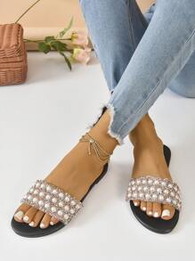 In de mode & Comfortabel Vrouwen Platte sandalen Met Strass & Imitatieparel Decoraties