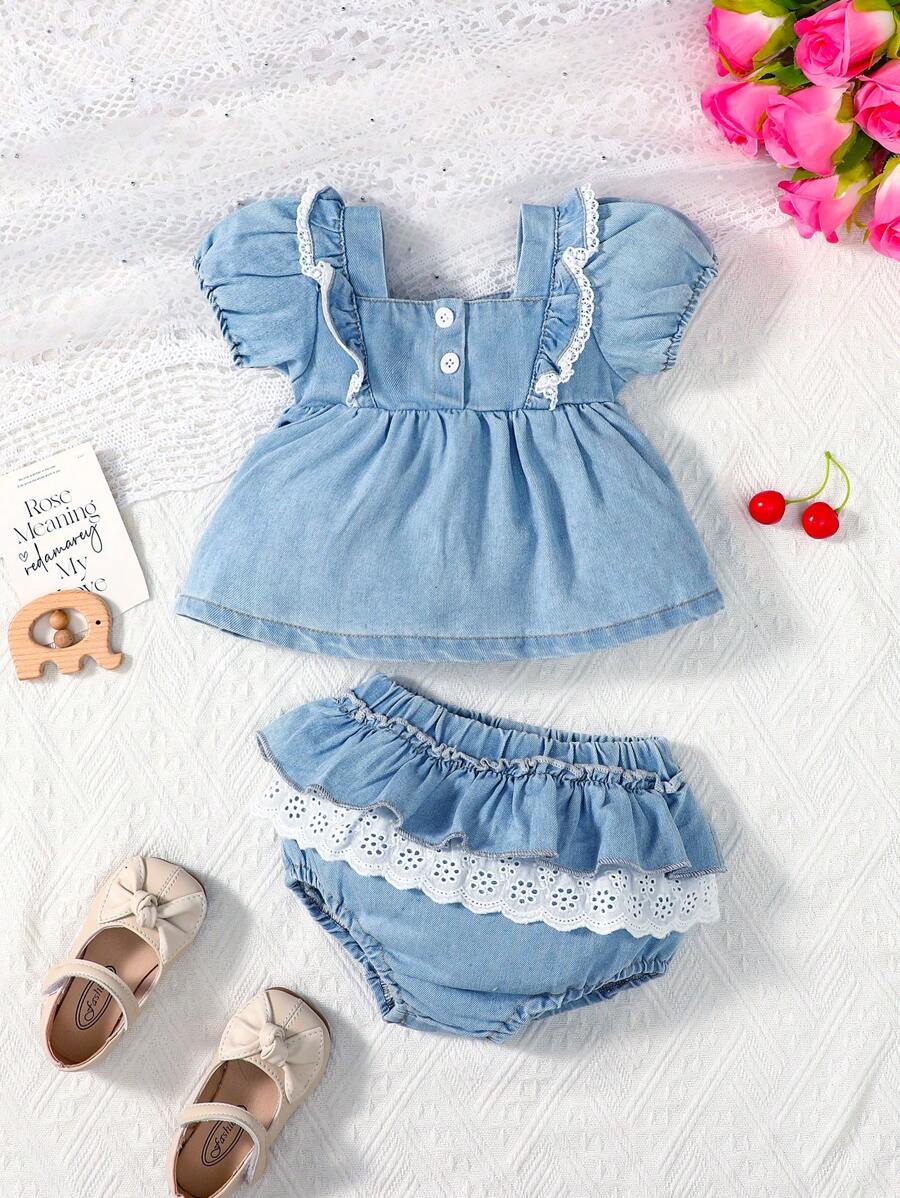 Baby Girl Eyelet Embroidery Ruffle Trim Denim Top & Denim Shorts - Light Wash - View 1