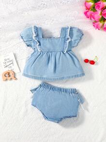 Baby Girl Eyelet Embroidery Ruffle Trim Denim Top & Denim Shorts - Light Wash - View 2