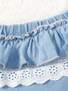 Baby Girl Eyelet Embroidery Ruffle Trim Denim Top & Denim Shorts - Light Wash - View 5
