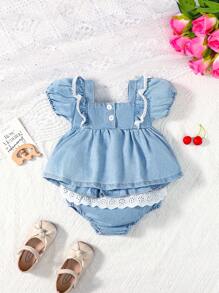 Baby Girl Eyelet Embroidery Ruffle Trim Denim Top & Denim Shorts - Light Wash - View 7