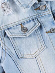 女小童破洞翻蓋口袋牛仔夾克 - 中等水洗藍 - 查看 4