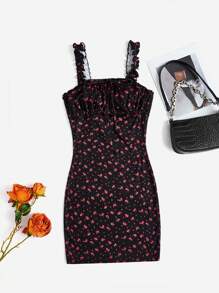 SHEIN PETITE Ditsy Floral Print Frill Trim Ruched Bust Knot Front Dress - Black - View 1