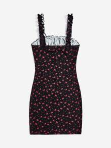 SHEIN PETITE Ditsy Floral Print Frill Trim Ruched Bust Knot Front Dress - Black - View 2